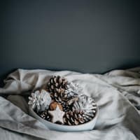 Nachhaltige Weihnachtsgeschenke Schale mit Tannenzapfen auf weißem Laken